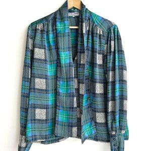 Vintage Pierre Segade France Blue Green Plaid Neck Bop Long Sleeve Blpouse M/L